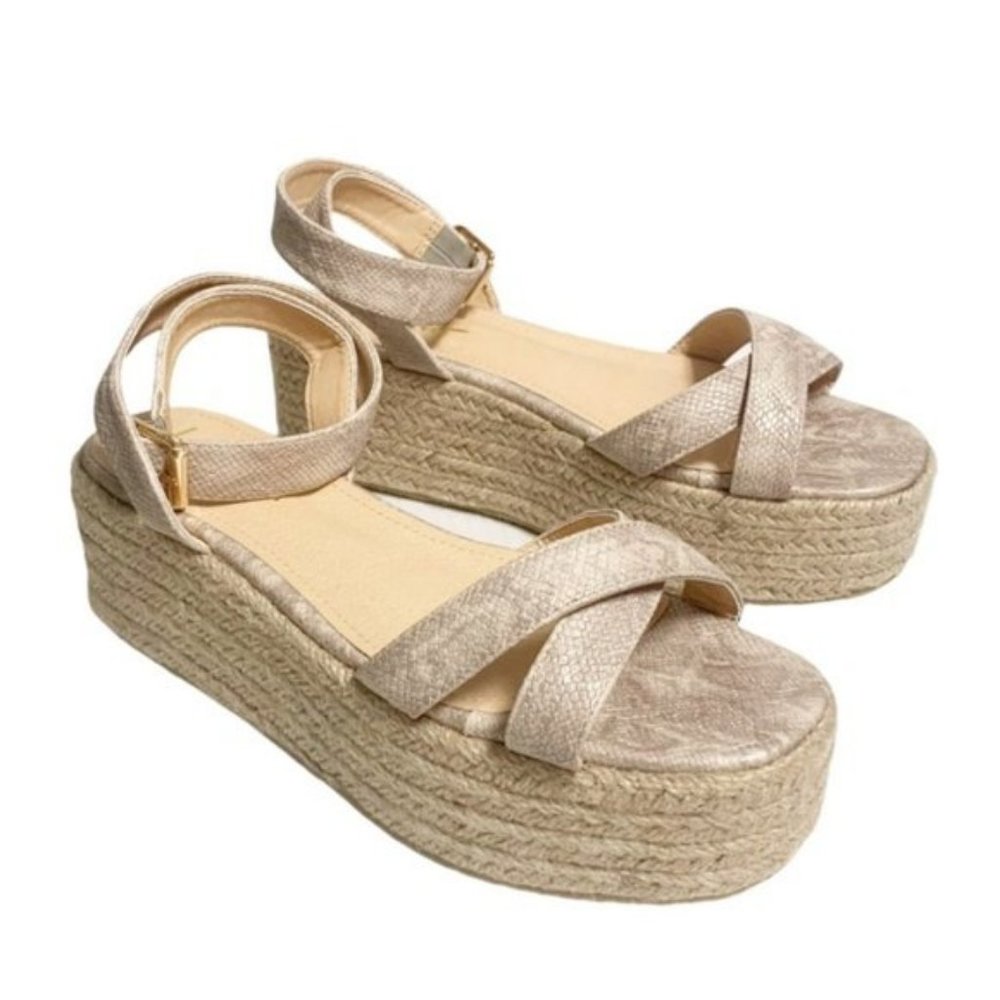 Lulu’s Cobi Beige Snake Print Espadrille Flatform Platform Sandals Size 10